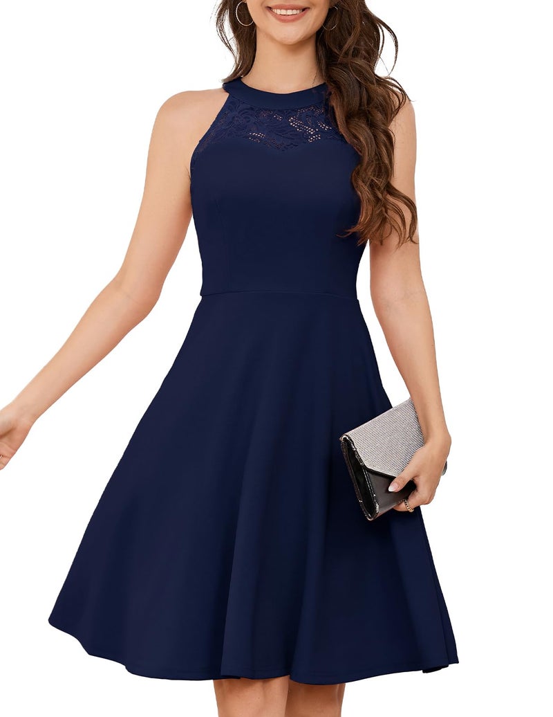 Bbonlinedress Women Cocktail Prom Vintage Dress Formal Wedding Guest Short Bridesmaid Homecoming Teens Halter Dress Navy L - Image 1
